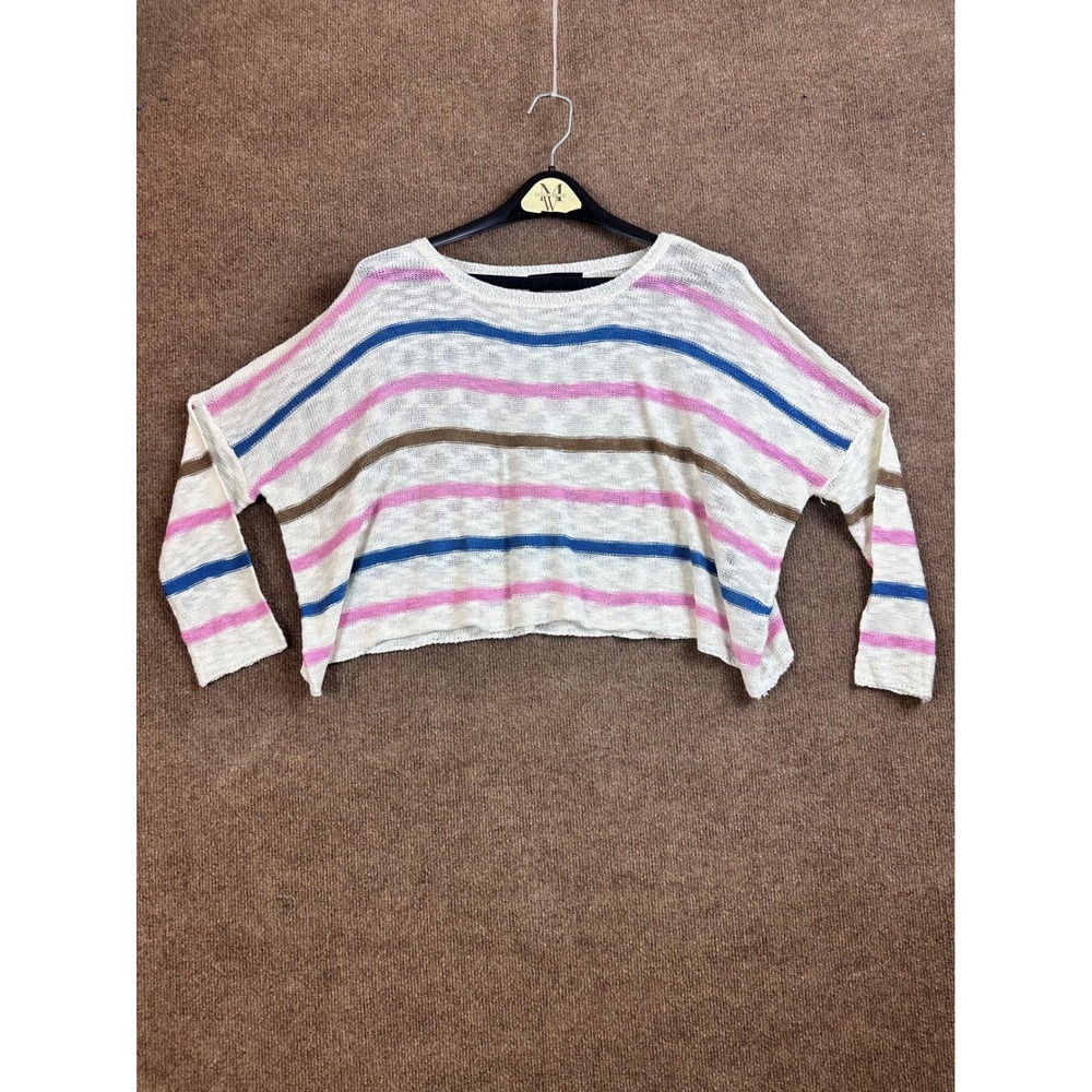 Anna Grace Striped Knit Sweater Womens Small Cream Pink Blue Cropped BT1139
